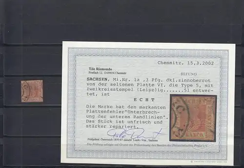 Saxe: Min. 1a, Platte VI, Type 5, cacheté Leipzig, BPP Attest