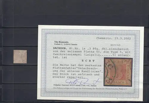 Saxe: Min. 1a, Platte VI, Type 5, cacheté Leipzig, BPP Attest
