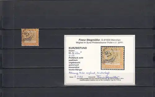 Baden: MiNr. 22a, gestempelt Nr. 57, BPP Befund