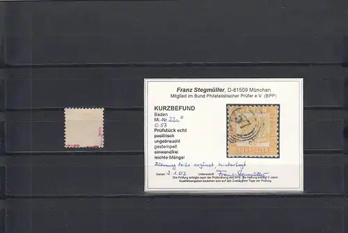 Baden: MiNr. 22a, gestempelt Nr. 57, BPP Befund
