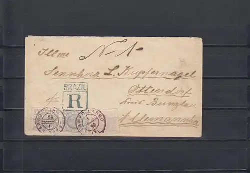 Brazil 1889: registerd cover to Germany, Janeiro-Cortiba, arrival mark. Unusual
