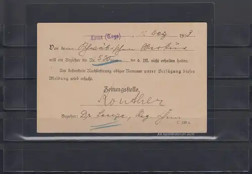Togo 1913: Zeitungssache aus LOME - Togogebiet nach Berlin und dann Stuttgart