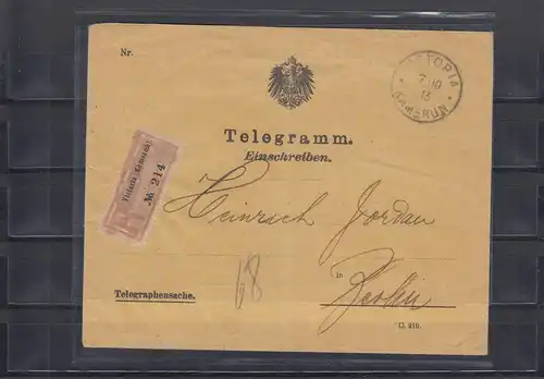 Cameroun 1913: Télégramme recommandé Victoria - Tampon négatif après Berlin, BPP