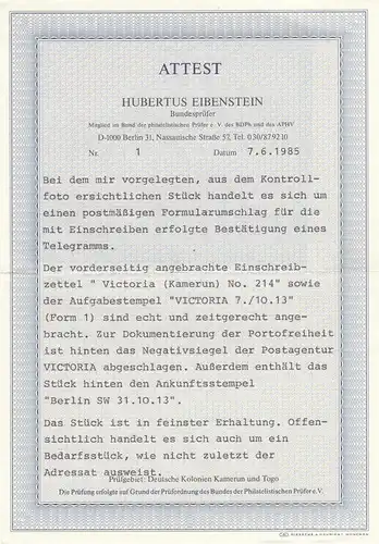 Cameroun 1913: Télégramme recommandé Victoria - Tampon négatif après Berlin, BPP