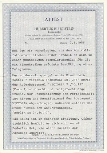 Kamerun 1913: Einschreiben-Telegramm Victoria - Negativstempel nach Berlin, BPP
