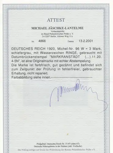 Reich allemand: Min. 96 W, Stamp Markranstadt, BPP Attest
