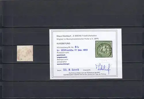Württemberg: MiNr. 8b, gestempelt Göppingen, BPP Befund