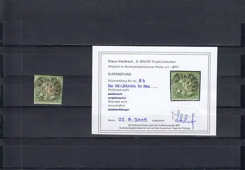 Württemberg: MiNr. 8b, gestempelt Heilbronn, BPP Befund