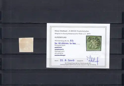 Württemberg: MiNr. 8b, gestempelt Heilbronn, BPP Befund