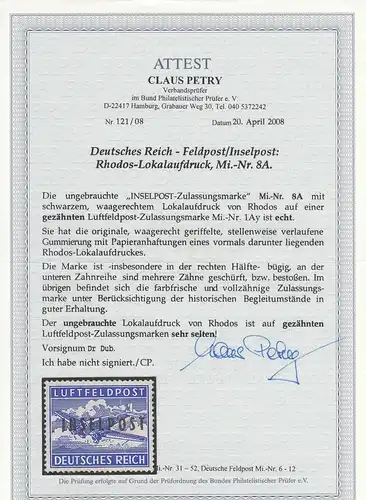Feldpost: MiNr. 8A, ungebraucht, sehr selten, BPP Attest