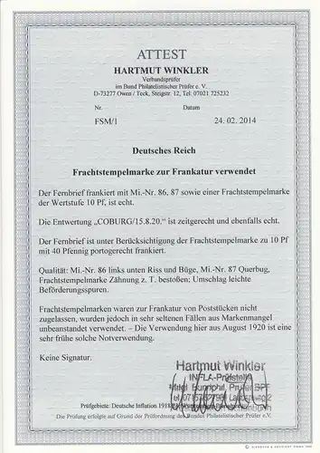 Reich allemand: Min° 86/87, marque de timbre de fret, 1920 par Coburg. BPP Attest