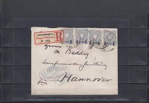 Deutsche Post Türkei 1884: waagr. Paar Constantinopel auf R-Brief nach Hannover