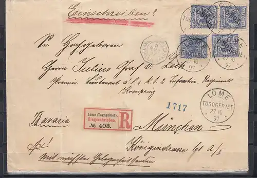 Togo 1897: R-Brief mit seltener Mischfrankatur aus Lome. Interessanter Postweg