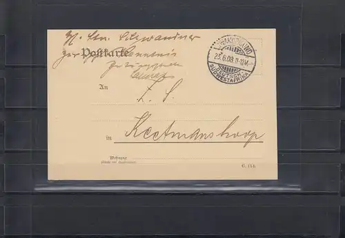 DSWA 1908: Swakopmund, portofreie Postkarte an Zeitungsstelle Keetmanshoop