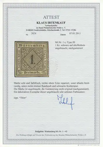 Württemberg MiNr. 1c, Type III, ungebraucht, BPP Attest