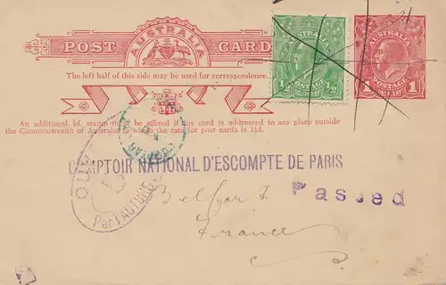 Australie: 1919: Melbourne post card to Paris, centre, passed