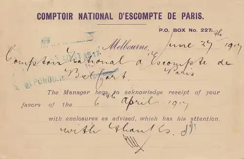 Australie: 1919: Melbourne post card to Paris, centre, passed