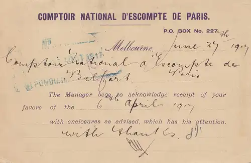 Australien: 1919: Melbourne post card to Paris, censor, passed