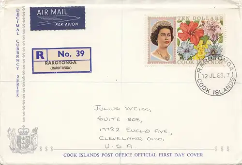 Australien: 1968 Registered FDC to USA from Cook Islands Rarotonga