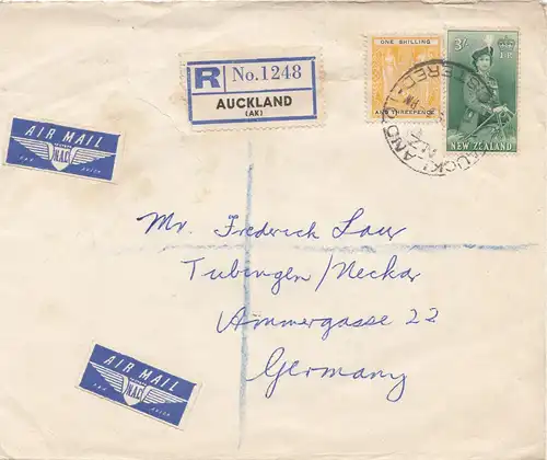 New Zealand: 1959 Registered Air Mail from Auckland to Germany