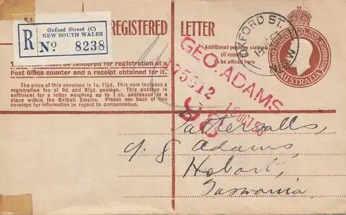 Australia 1953: Registered letter, Oxford Street to Tasmania