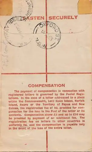 Australia 1953: Registered letter, Oxford Street to Tasmania