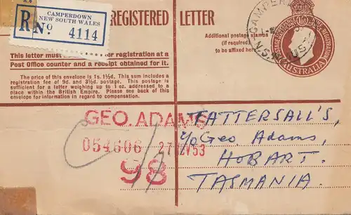 Australia 1953: Registered letter Camperdown NSW to Tasmania
