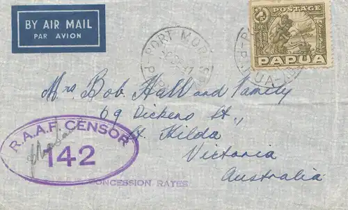 Papua 1941: Air Mail Port Mort to Victoria/Aus.- RAAF Censor-Concession Rates