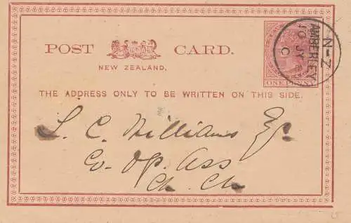 New Zealand: 1885: Postcard Amberley 