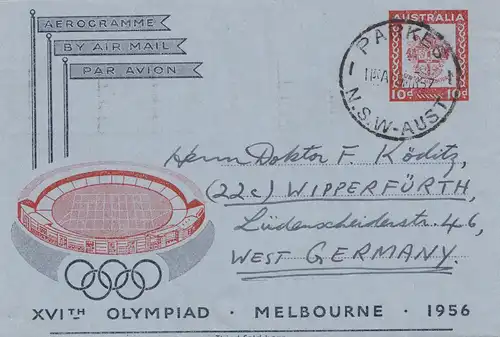 Australie: 1956: Olympiad Melbourne - Parkes to Germany - Aérogrammes