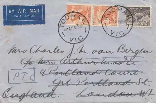 Australie: 1939: Aiur Mail Toorak to London