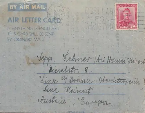 New Zealand: 1949: Air Mail letter card New Plymouth to Germany