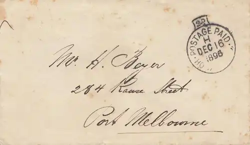 Australia - Postage Paid 1896 to Melbourne