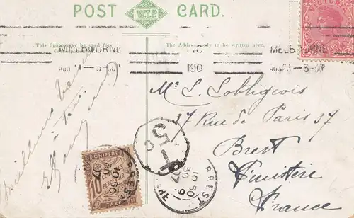 Australia 1909: Post card Melbourne/Victoria to Brest-France with Taxe stamp