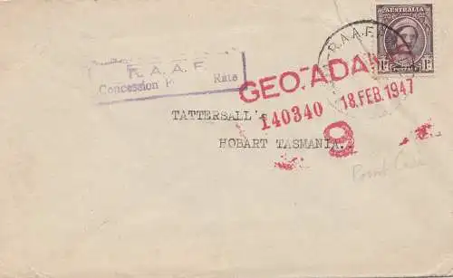 Australia 1947: R.A. A.F to Hobart-Tasmania - Concession postage rate