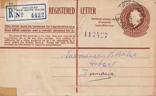 Australie: 1954: Registered letter, Goulburn to Tasmania