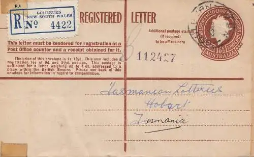 Australie: 1954: Registered letter, Goulburn to Tasmania