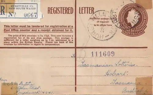 Australia: 1954: Registered letter, Hurstville to Tasmania