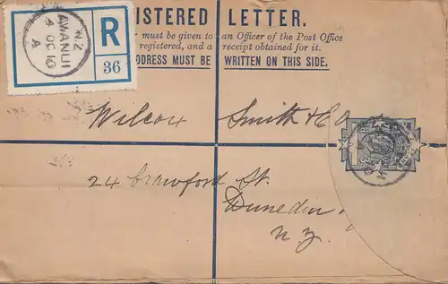 New Zealand- 1910: Registered letter Awanui - Aukland /Dunedin