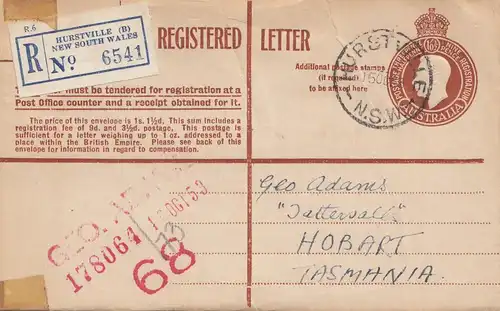 Australia 1953: Registered letter Hurstville to Tasmania