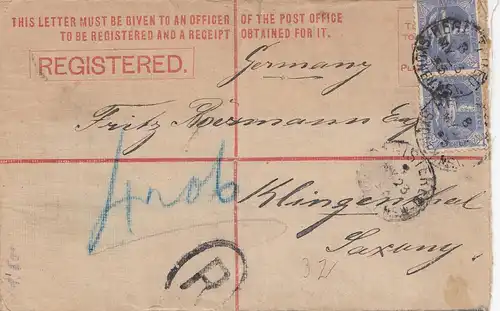 Australia 1893: Registerd letter to Germany/Klingenthal