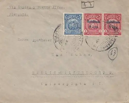 Bolivia/Bolivien: 1926: Registered Cochabamba to Berlin