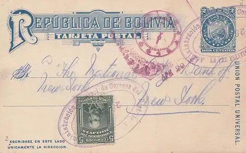 Bolivia/Bolivien:  1914 Post card La Pax to USA