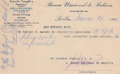 Bolivia/Bolivien:  1914 Post card La Pax to USA