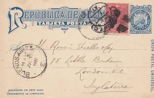Bolivie: Sucre Post Card 1900 to England