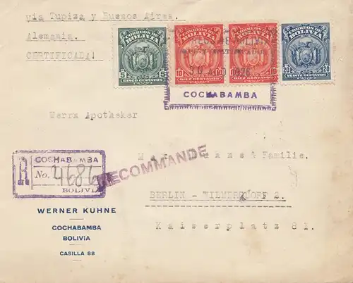Bolivia/Bolivien: 1926 Registered Cochabamba via Buenos Aires to Berlin/Germany