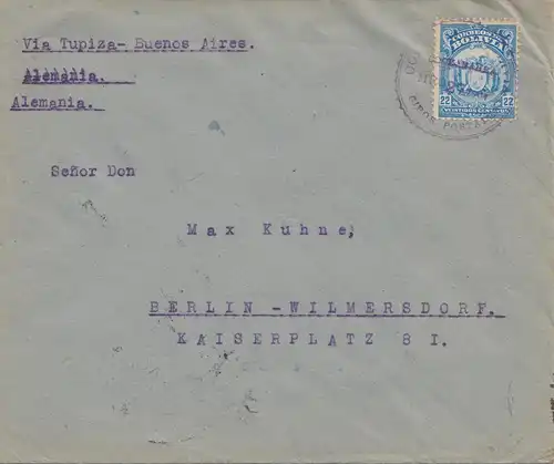 Bolivia/Bolivien: 1921 Cochabamba via Tupiza-Buenos Aires to Berlin/Germany