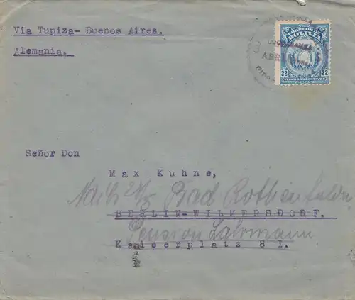 Bolivia/Bolivie: 1921 Cochabamba to Berlin/Germany
