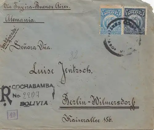 Bolivie: 1920 Cochabamba to Berlin/Germany Registered, cessor