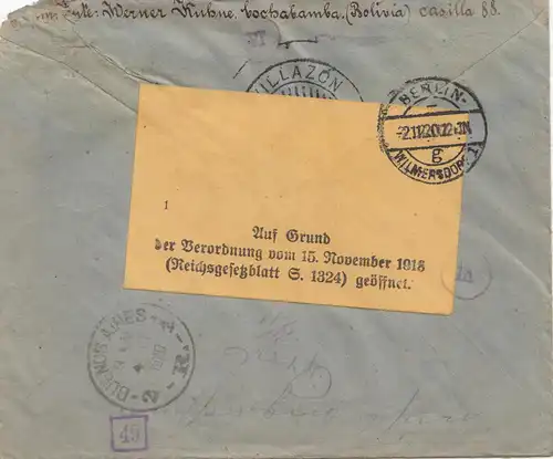 Bolivien: 1920 Cochabamba to Berlin/Germany Registered, censor